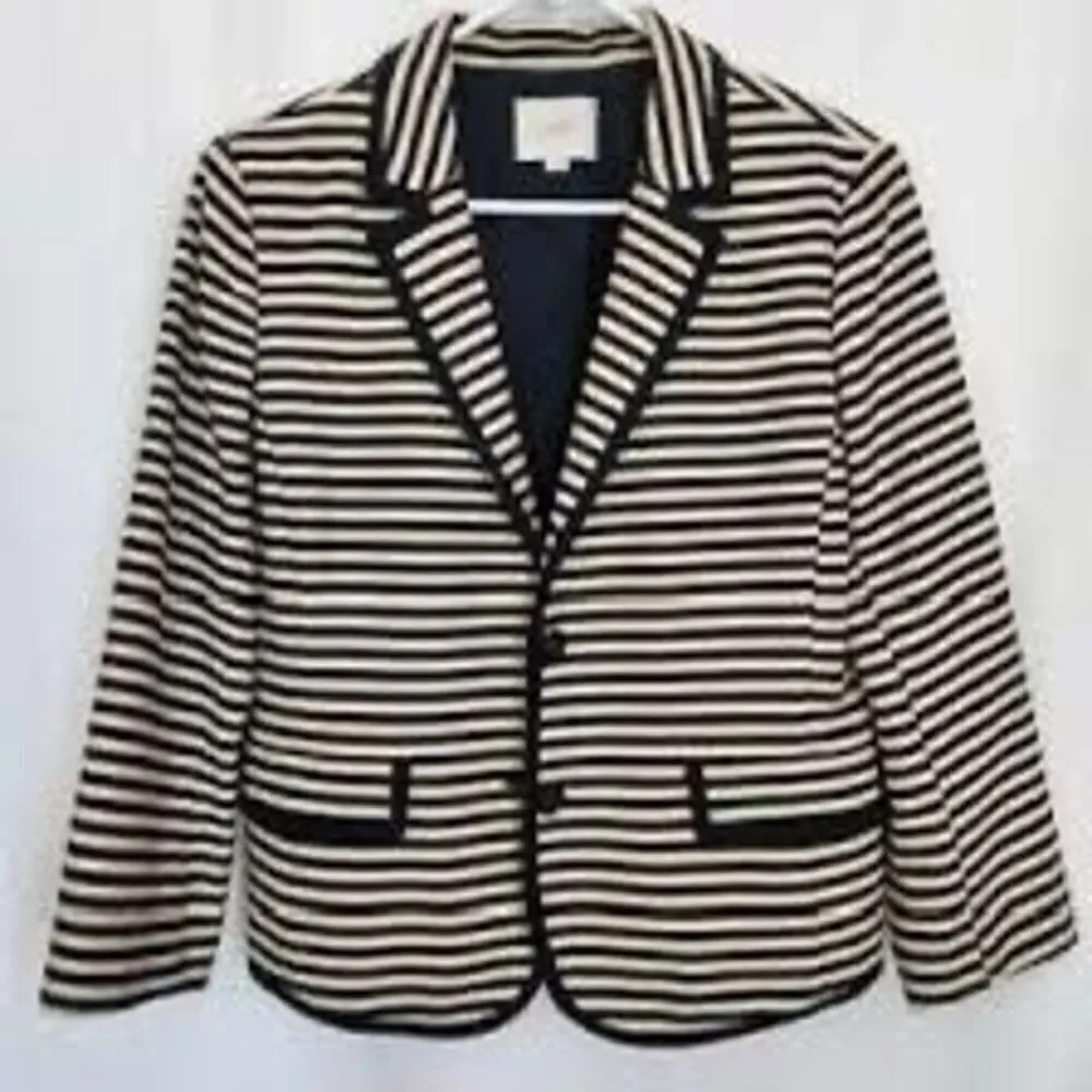 Loft Size 4 Double Button Stripe Corded Blazer Jacket Navy Cream Nautical Preppy